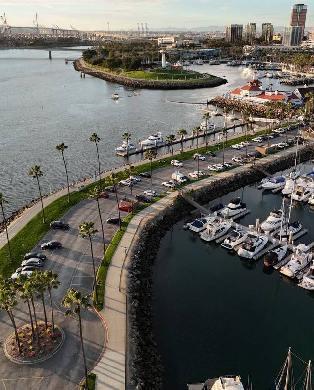 a view of the long beach harbor with yachts